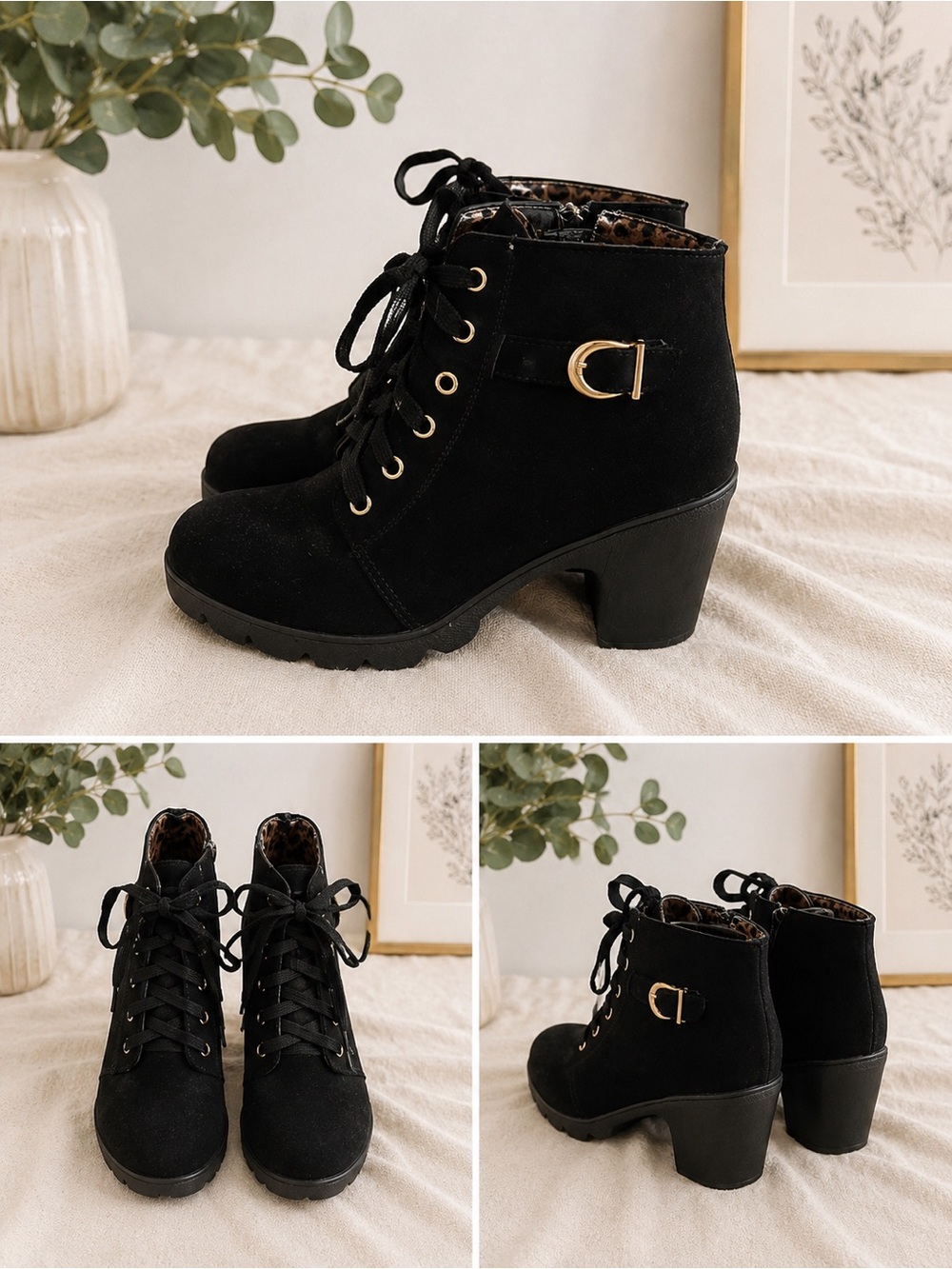 Black Lace-Up Ankle Boots with Gold Buckle